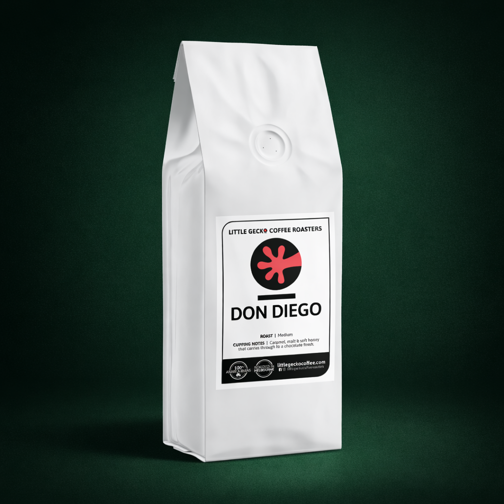 Don Diego Roasted Coffee Beans by Little Gecko Coffee Roasters packed in white bag